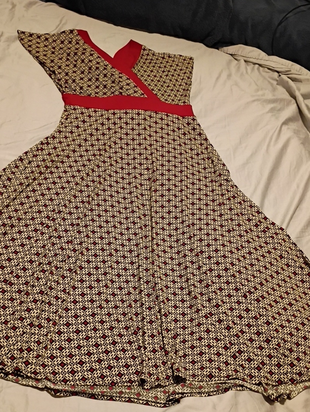 Perceptions One-Shoulder Red and Cream Geometric Fit & Flare Dress